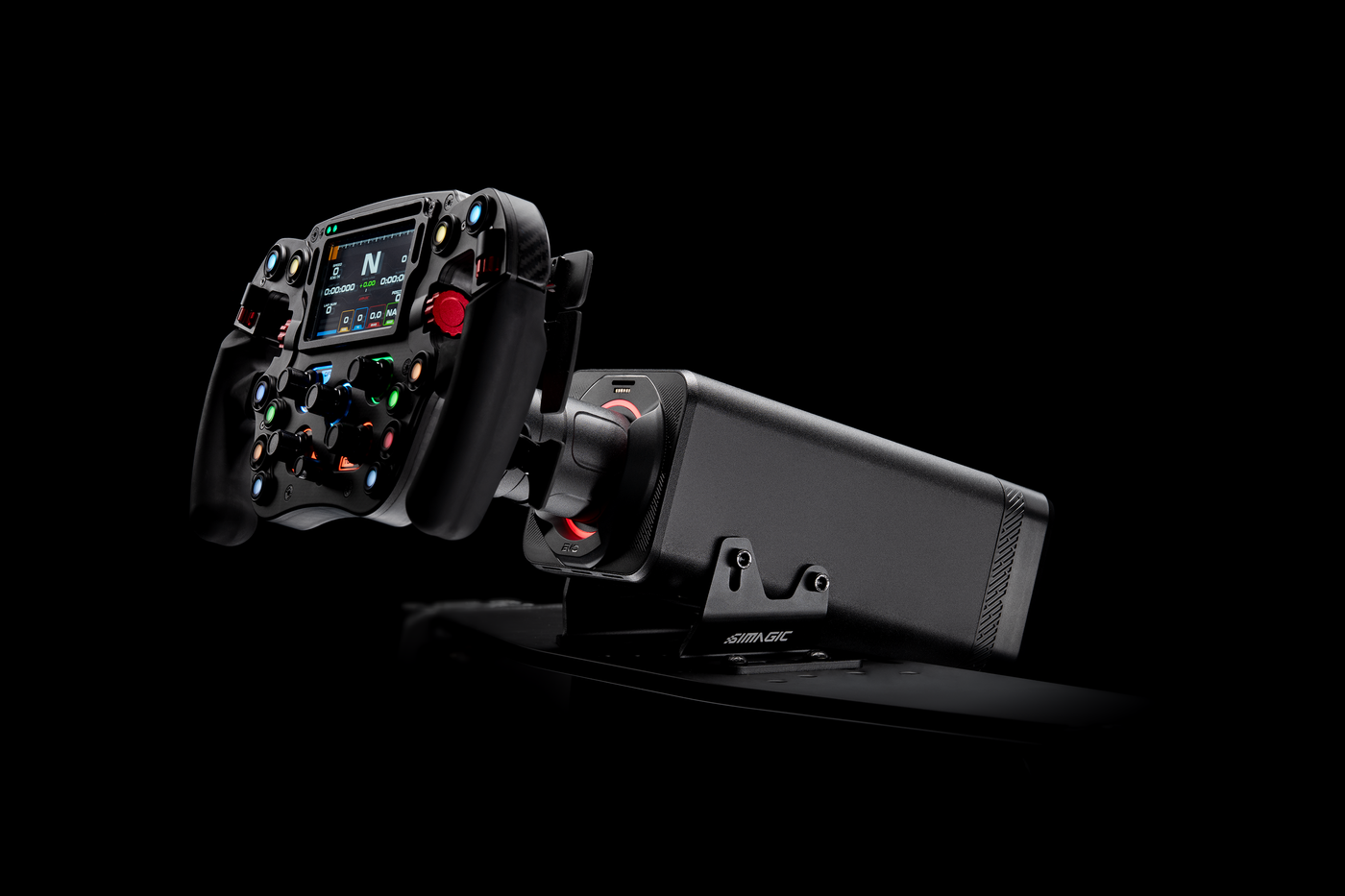 A picture of a steering wheel attached to the Simagic Alpha EVO Ultra wheelbase.