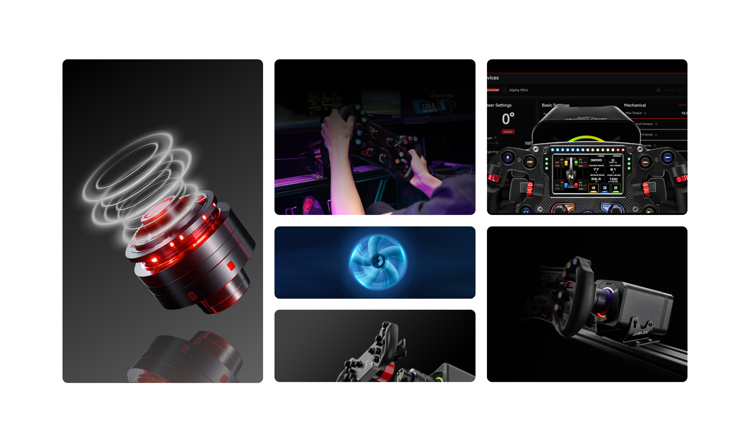 Simagic Alpha EVO Feature Grid - Zero-Cogging Tech, Ultra-Low Inertia, DFDF, Active Cooling, Mounting, Connectivity