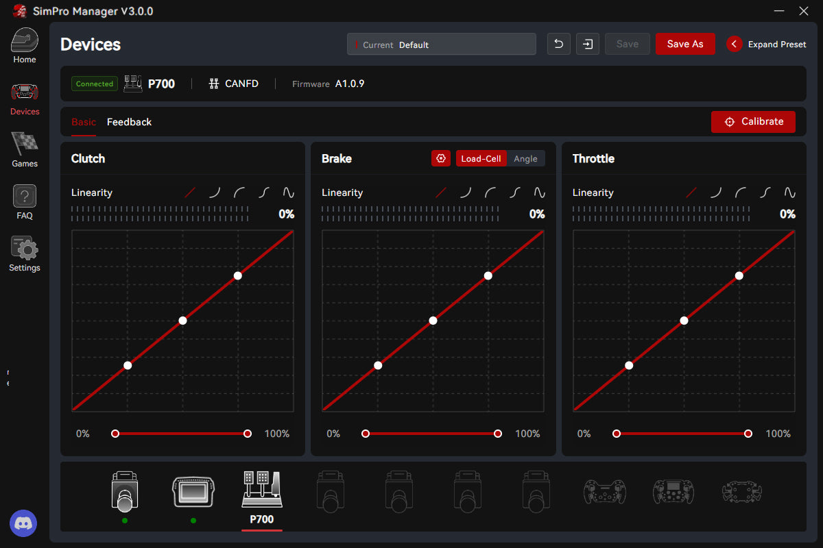 Simagic P700 Pedals settings interface showcasing clutch, brake, and throttle linearity graphs.